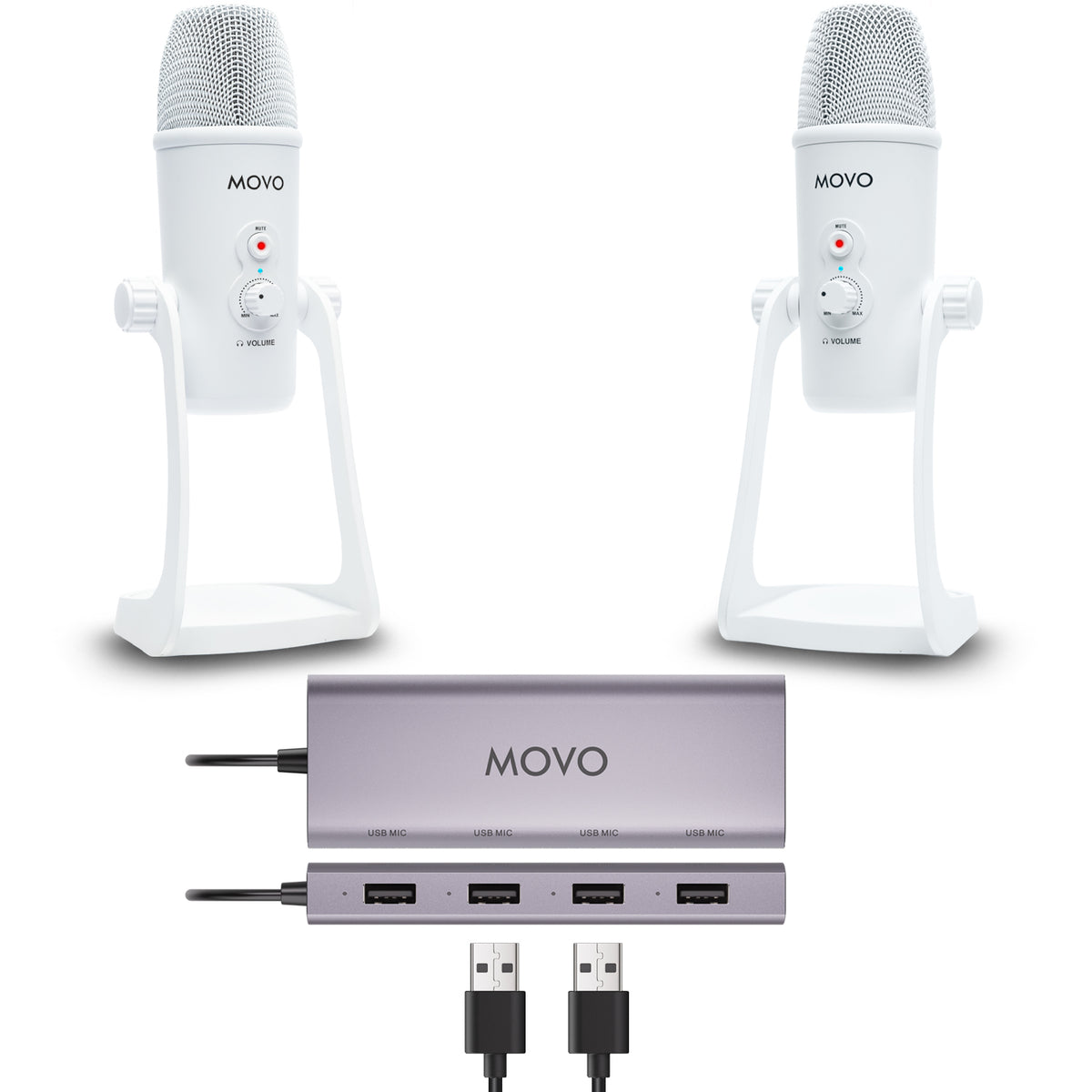 UMX-1+UM700x2-W | White USB Podcast Microphone Bundle for 2 | Movo