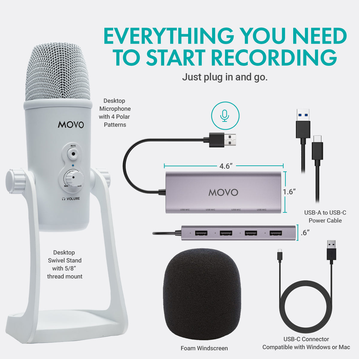 UMX-1+UM700x2-W | White USB Podcast Microphone Bundle for 2 | Movo