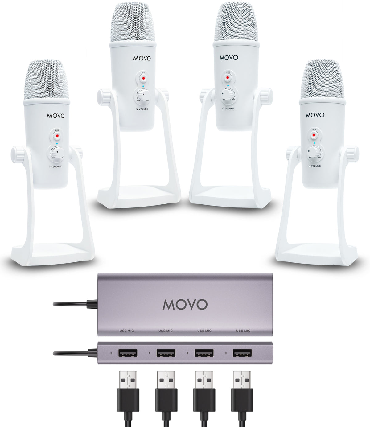 UMX-1+UM700x4-W| White USB Podcast Microphone Bundle for 4 | Movo