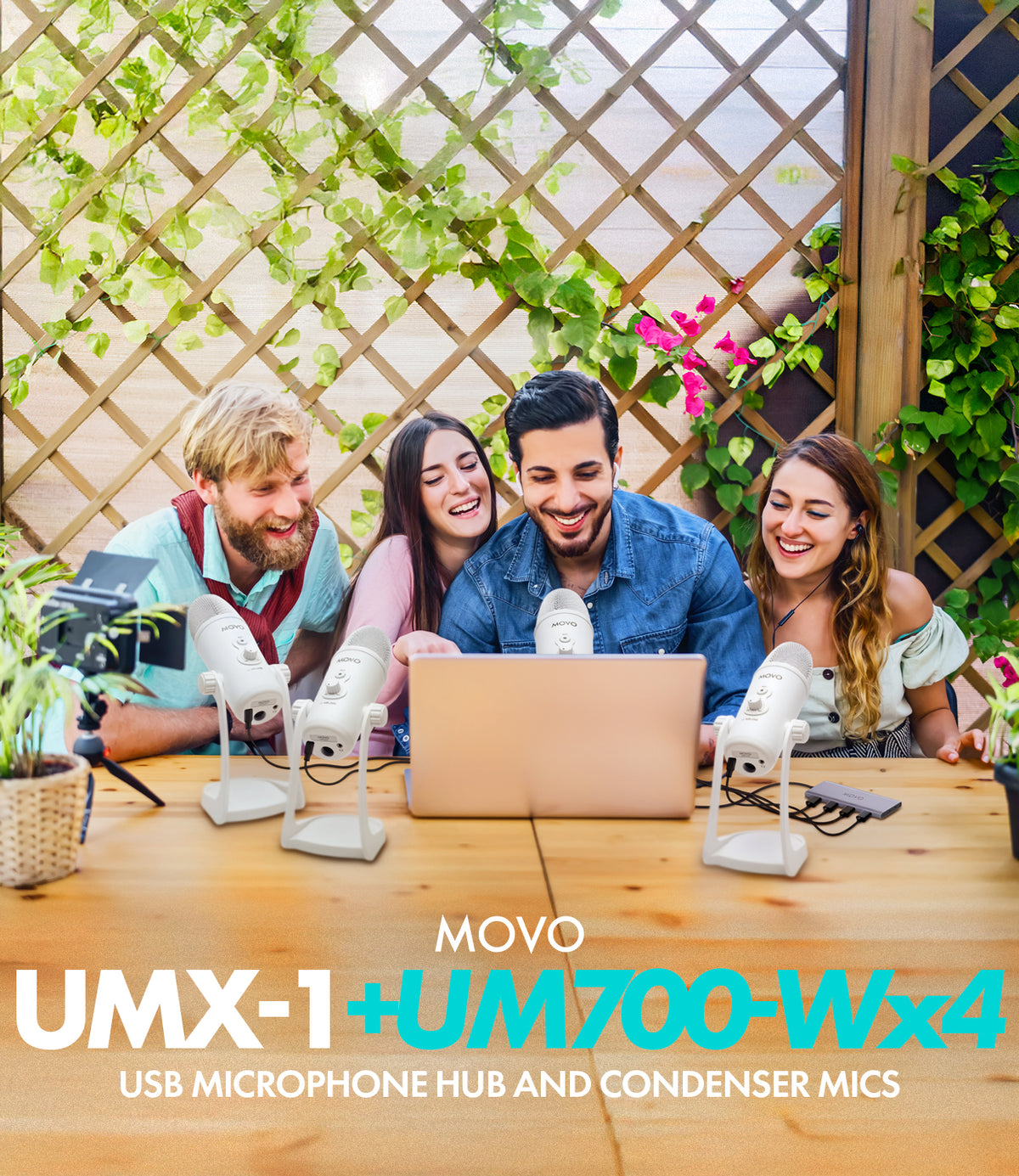 UMX-1+UM700x4-W| White USB Podcast Microphone Bundle for 4 | Movo