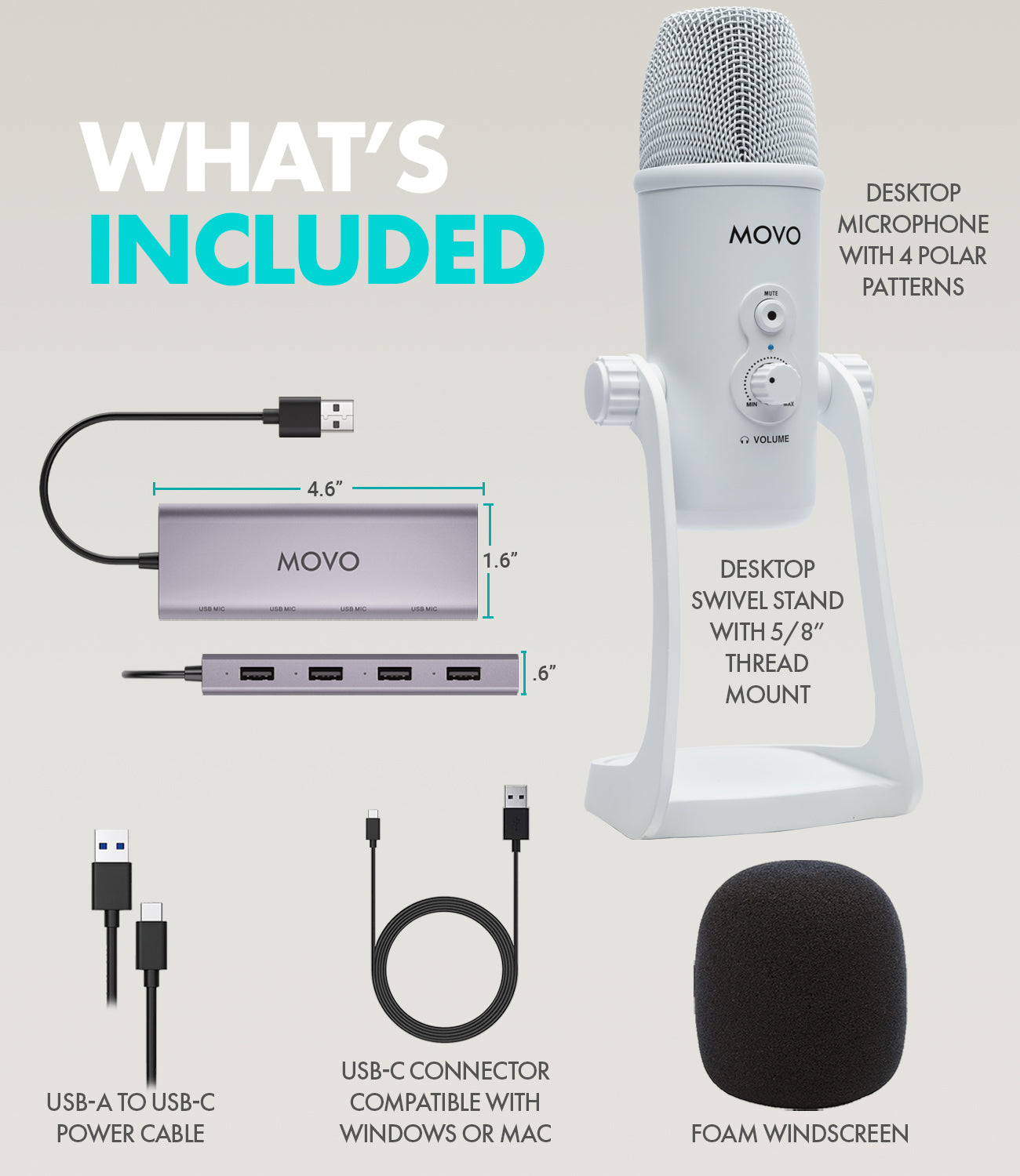 UMX-1+UM700x4-W| White USB Podcast Microphone Bundle for 4 | Movo