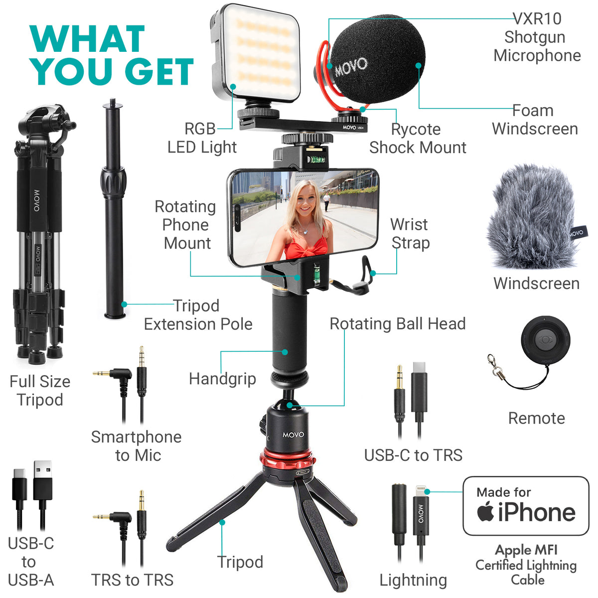 iVlogger-PRO+ MV-T5| Premium Vlogging Kit with Fullsize Tripod | Movo