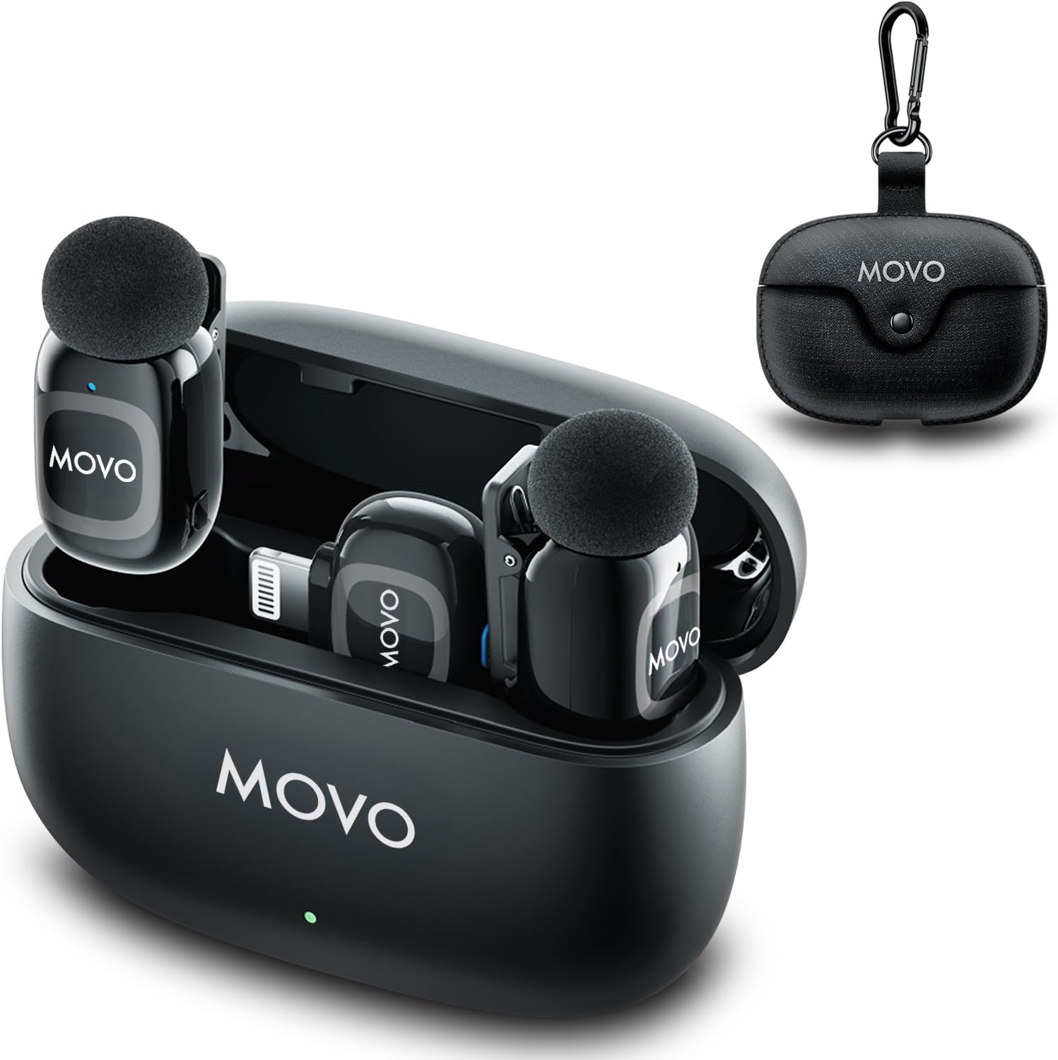 Black MOVO wireless microphones with charging case on a white background
