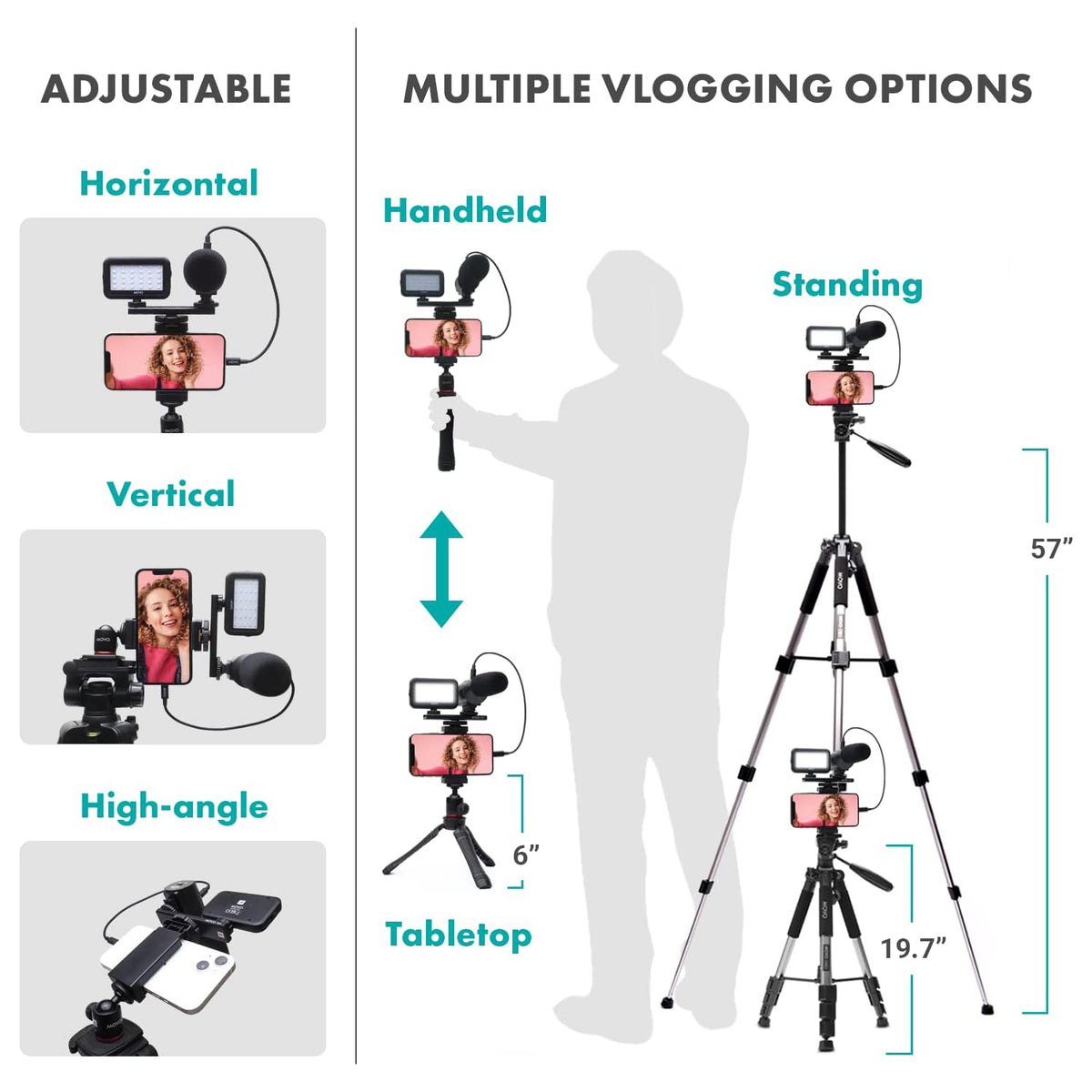 UVlogger+MV-T5-IP | Smartphone Vlogging Kit with Fullsize Tripod | Movo