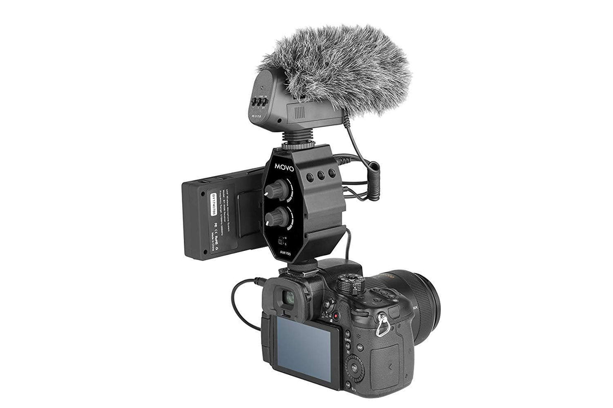 2-Channel TRS 3.5mm Microphone Audio Mixer with 3 Cold Shoe Mounts - Movo