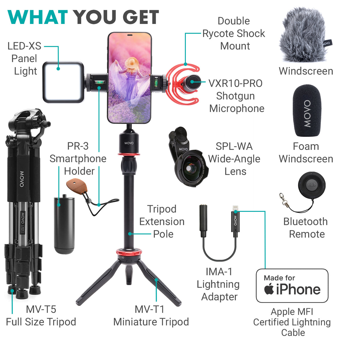 iVlog1+MVT5 iPhone Vlogging Kit With Full Size Tripod Movo