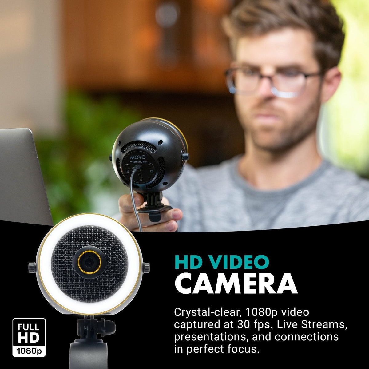 All-in-One HD Webcam W/ Microphone + Ring Light | WebMic HD Pro | Movo - Movo