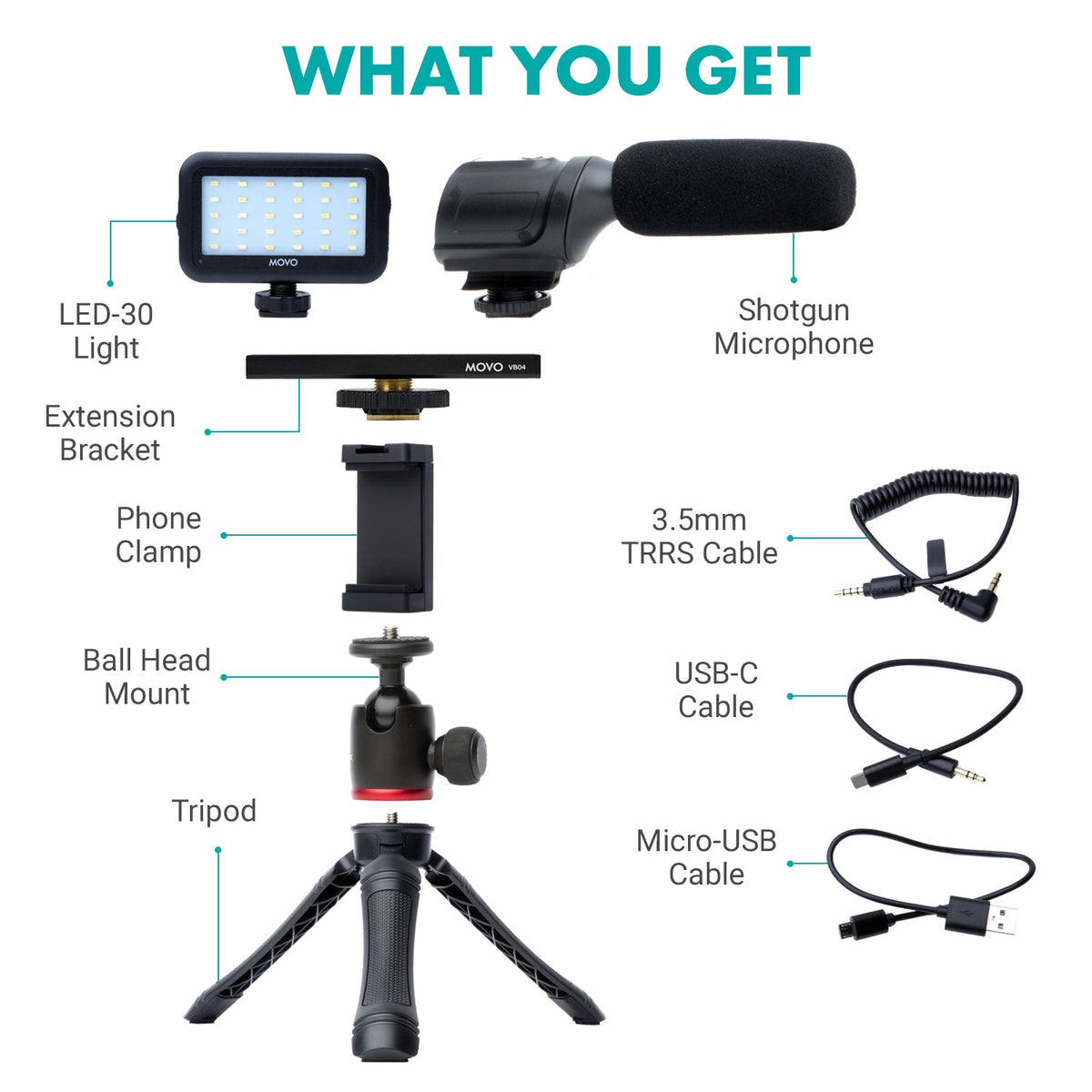 Android Vlogging Kit W/ Tripod, Mic, Light, More - Movo