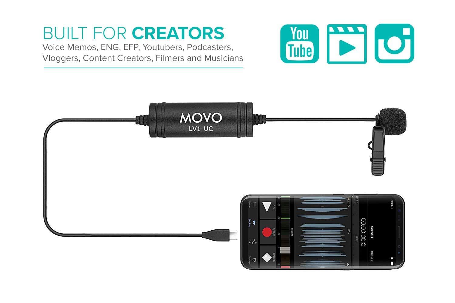 Movo LV1 Lavalier Clip-on Omni Microphone for iPhone iPad iOS Android  Smartphone 