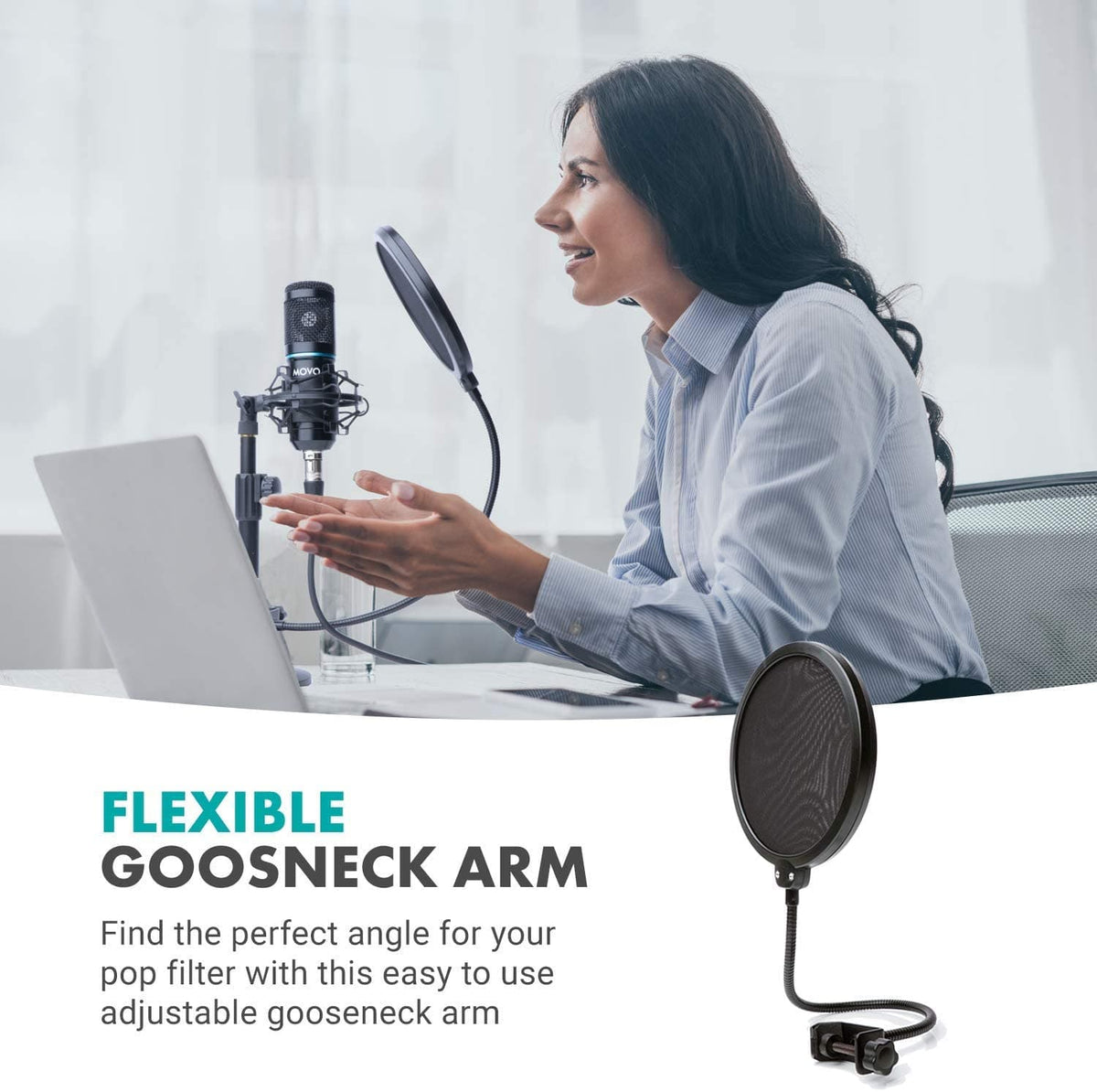 Microphone Pop Filter with Gooseneck Arm + Clamp | PF-6 | Movo - Movo