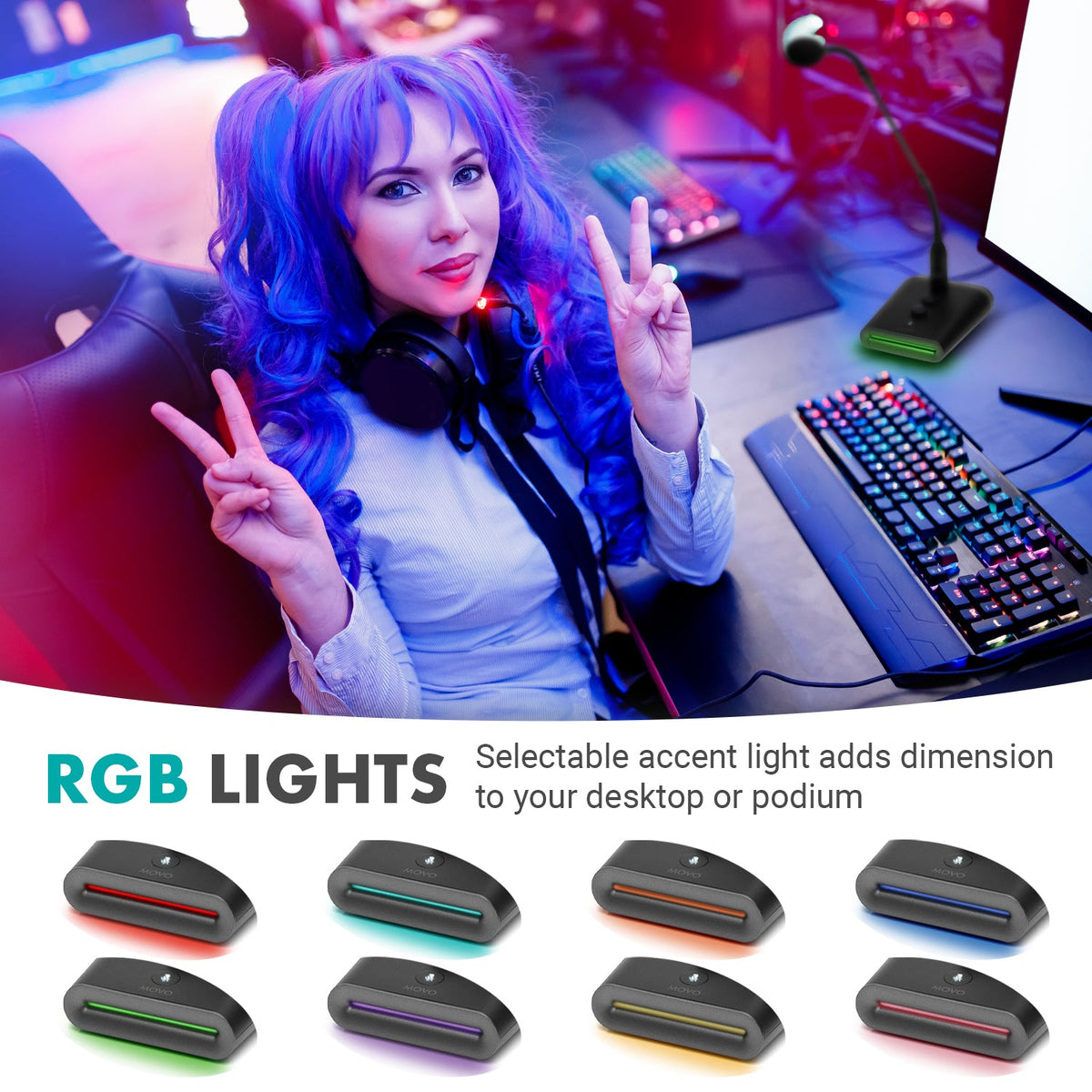 Movo GM-7 | 18&quot; Professional USB Gooseneck Microphone with Mic Gain and RGB - Movo