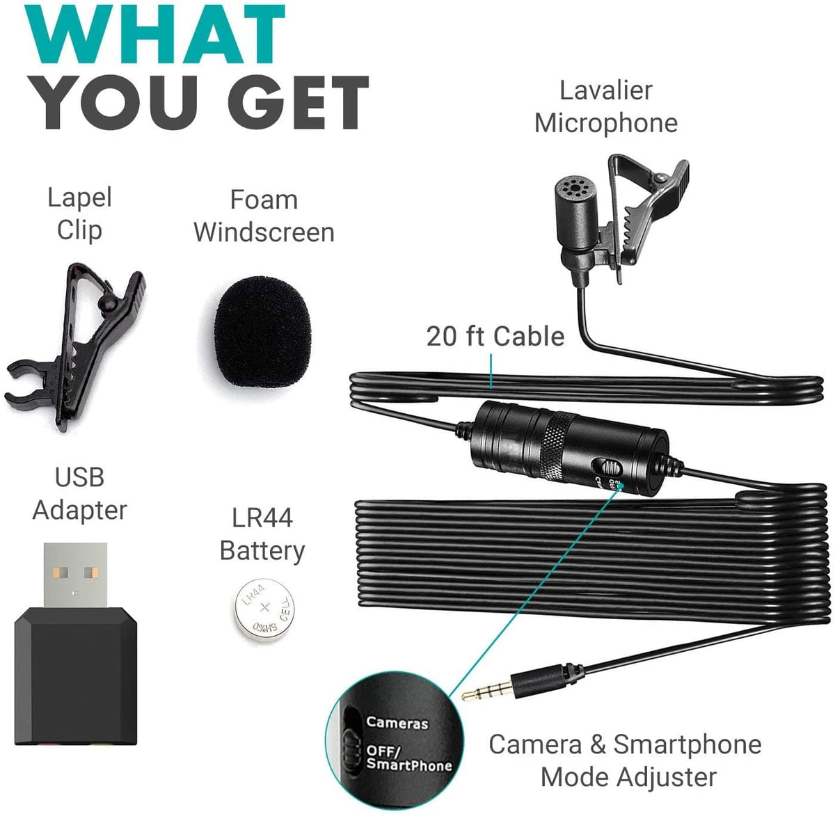 Movo LV1-USB | Universal USB Lavalier PC Mic with Mic to USB Adapter - Movo