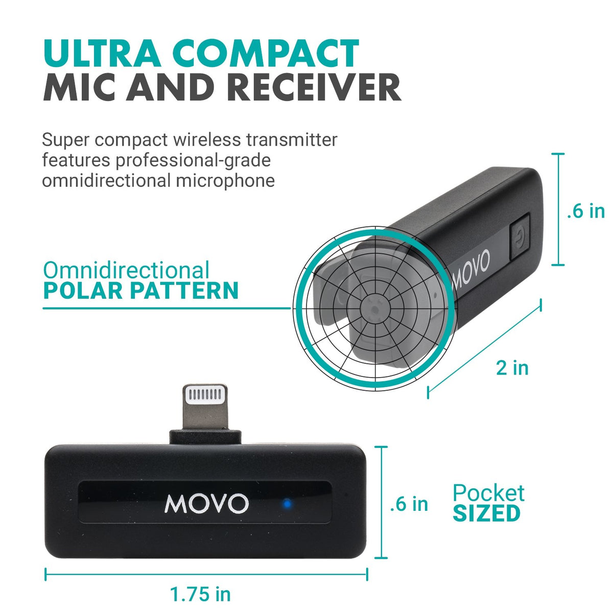 Movo Wireless Mini DI - Ultracompact Rechargeable Wireless Lavalier Microphone System for Lighting - Movo