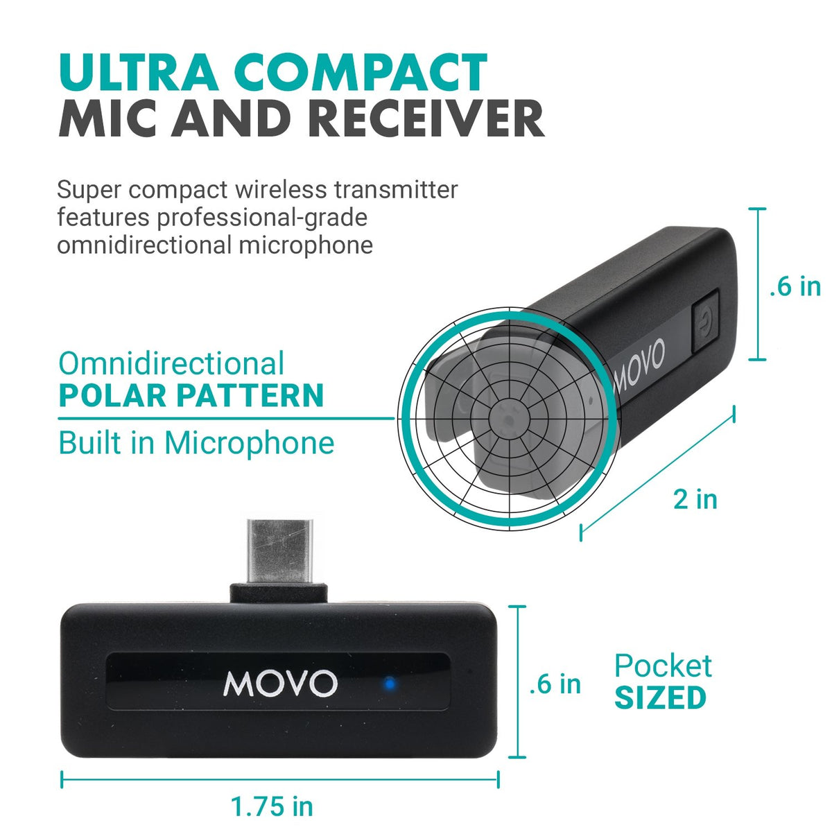 Movo Wireless Mini UC - Ultracompact Rechargeable Wireless Lavalier Microphone System for Android - Movo
