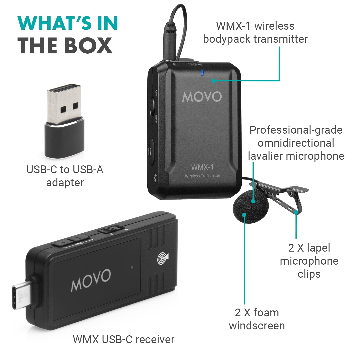 Movo WMX-1-UL | Wireless USB and USB-C Lavalier Microphone - Movo