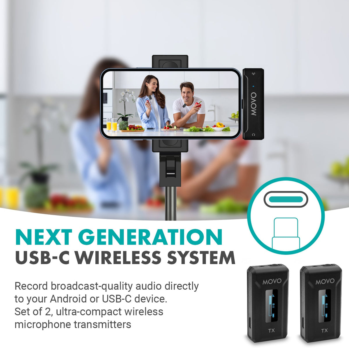 Movo WMX-2-C-DUO Dual Wireless Lavalier Microphones for Android with Charging Case - Movo