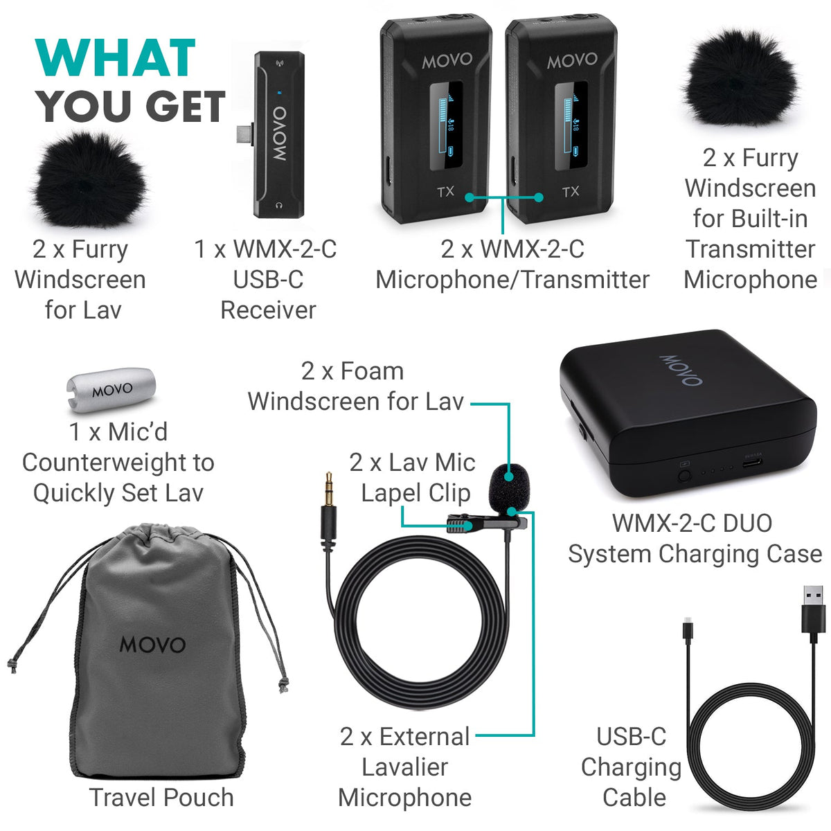 Movo WMX-2-C-DUO Dual Wireless Lavalier Microphones for Android with Charging Case - Movo