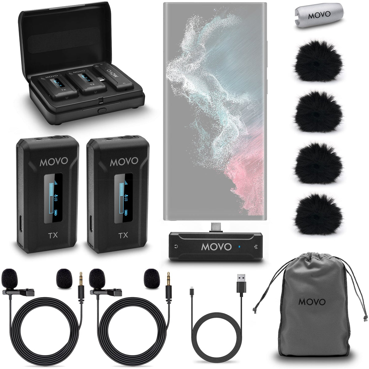 Movo WMX-2-C-DUO Dual Wireless Lavalier Microphones for Android with Charging Case - Movo