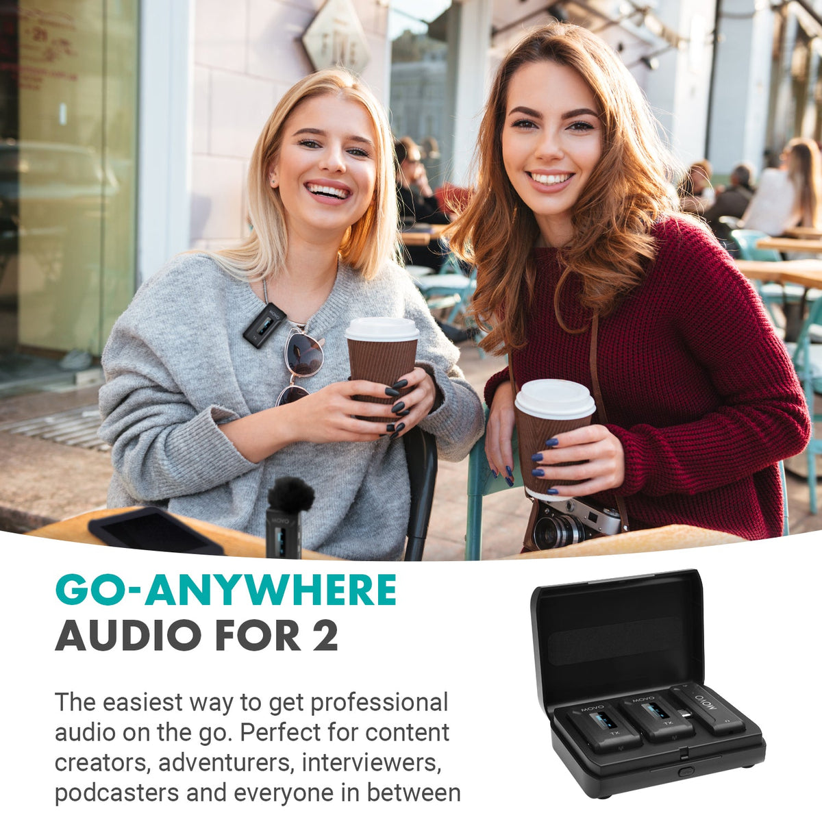 Movo WMX-2-C-DUO Dual Wireless Lavalier Microphones for Android with Charging Case - Movo