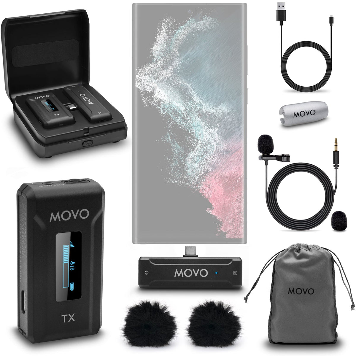 Movo WMX-2-C Wireless Lavalier Microphone for Android with Charging Case - Movo