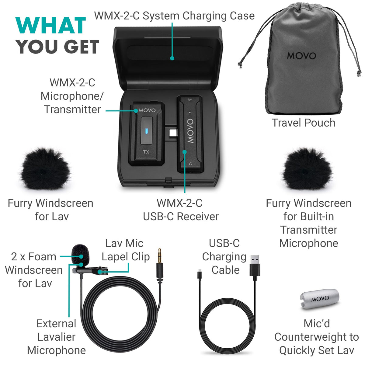 Movo WMX-2-C Wireless Lavalier Microphone for Android with Charging Case - Movo