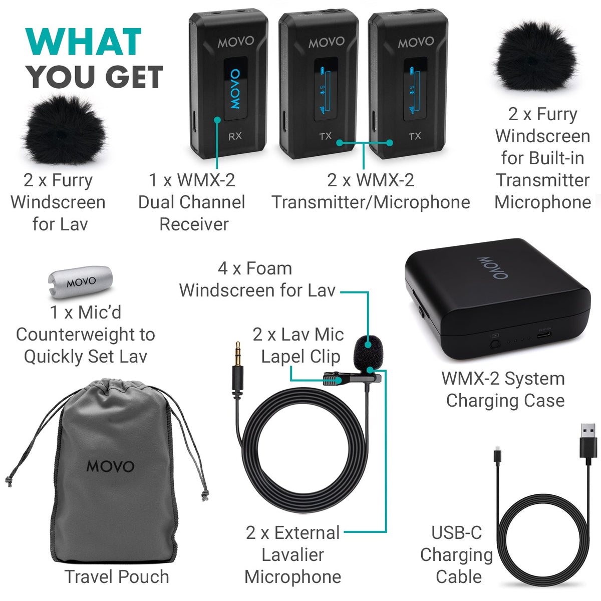 Movo WMX-2-DUO Dual Wireless Lavalier Microphone System with Charging Case - Movo