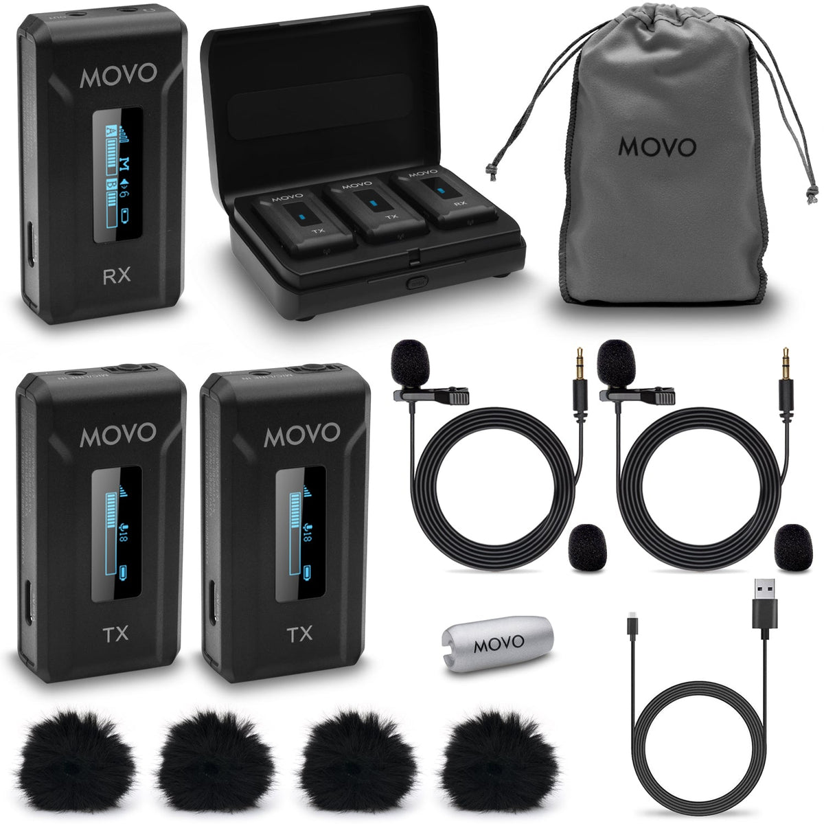 Movo WMX-2-DUO Dual Wireless Lavalier Microphone System with Charging Case - Movo