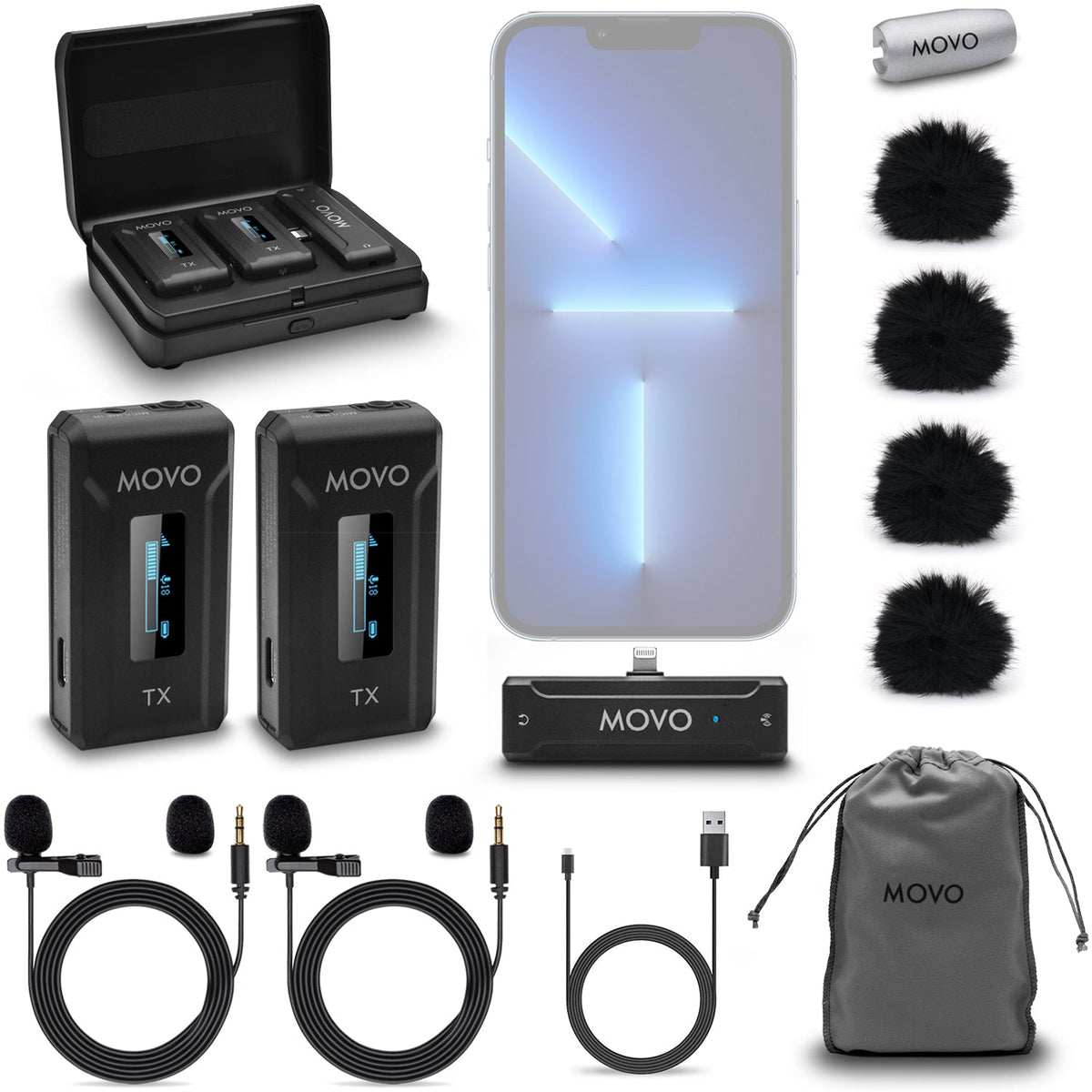 Movo WMX-2-L-DUO Dual Wireless Lavalier Microphone for iPhone with Charging Case - Movo