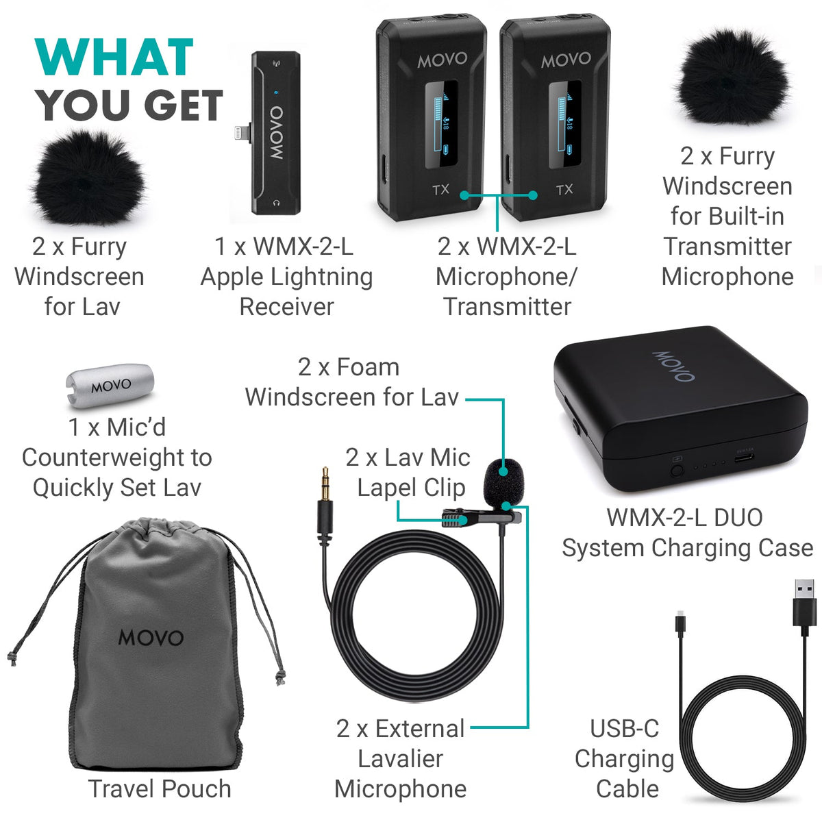 Movo WMX-2-L-DUO Dual Wireless Lavalier Microphone for iPhone with Charging Case - Movo