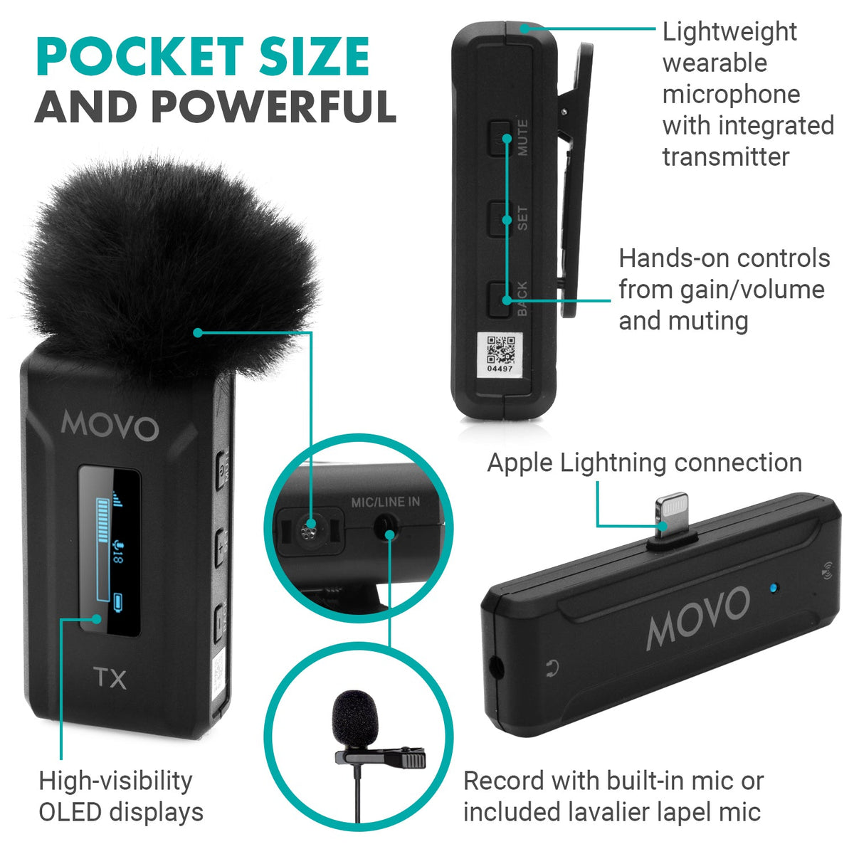 Movo WMX-2-L Wireless Lavalier Microphone for iPhone with Charging Case - Movo