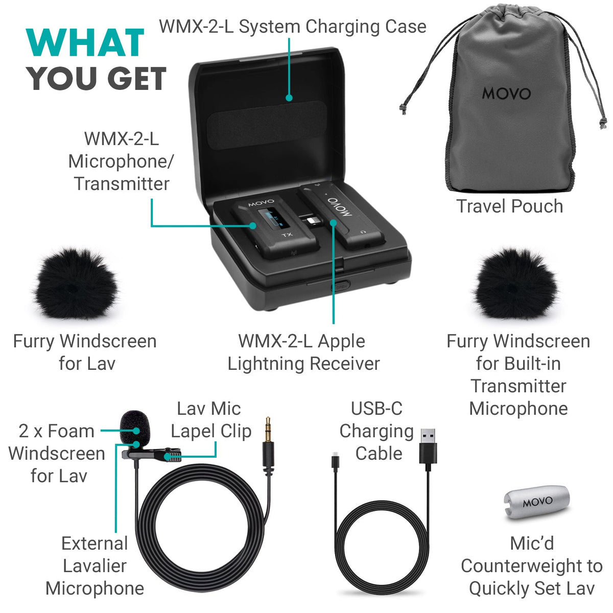 Movo WMX-2-L Wireless Lavalier Microphone for iPhone with Charging Case - Movo