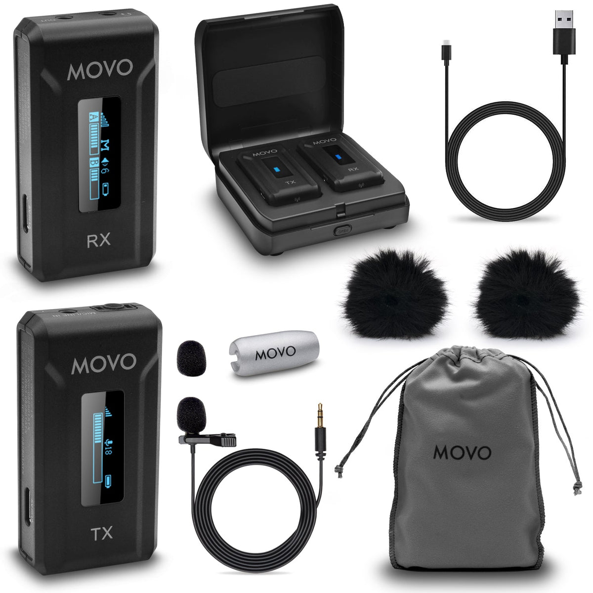 Movo WMX-2 Wireless Lavalier Microphone System with Charging Case - Movo