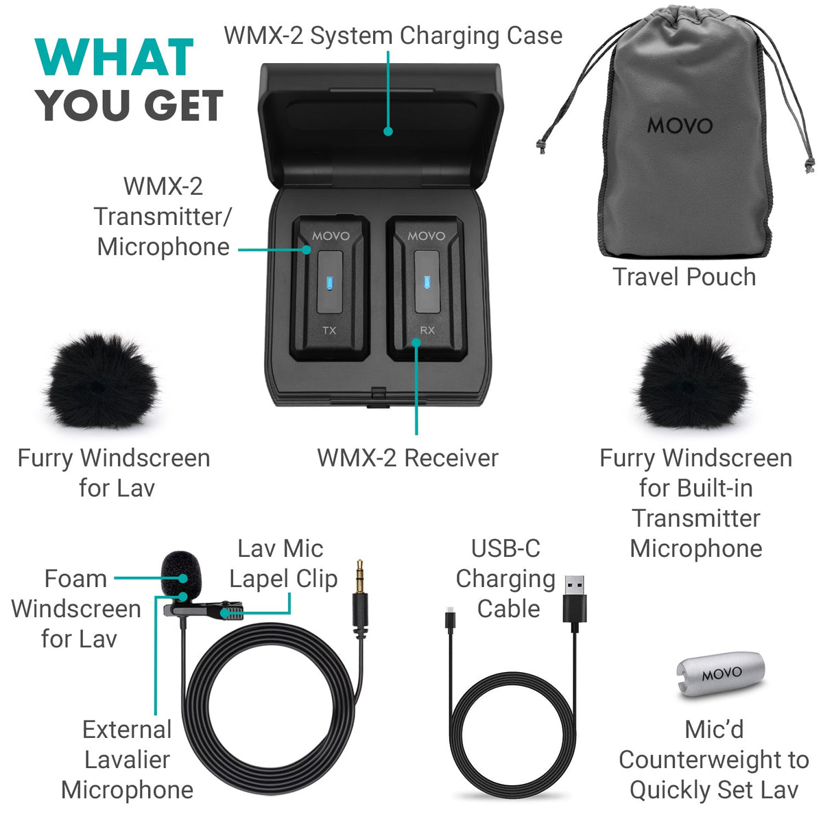Movo WMX-2 Wireless Lavalier Microphone System with Charging Case - Movo