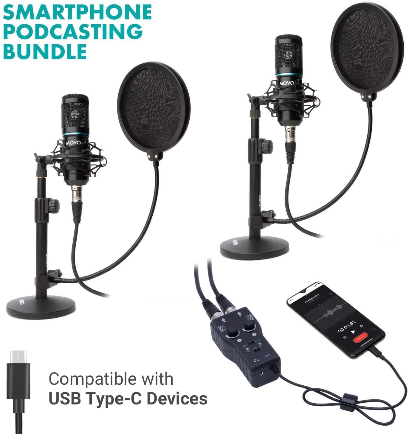 Smartphone Podcasting Bundle 2x Microphones USB-C | Movo - Movo