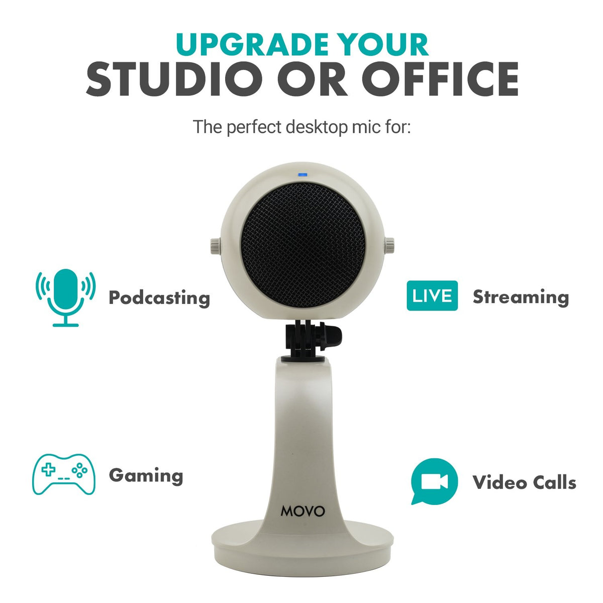 USB Microphone with Desktop Stand in White - Movo