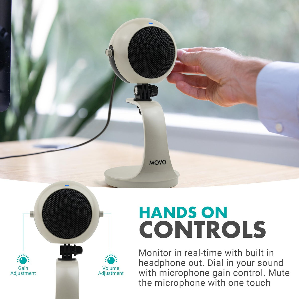 USB Microphone with Desktop Stand in White - Movo