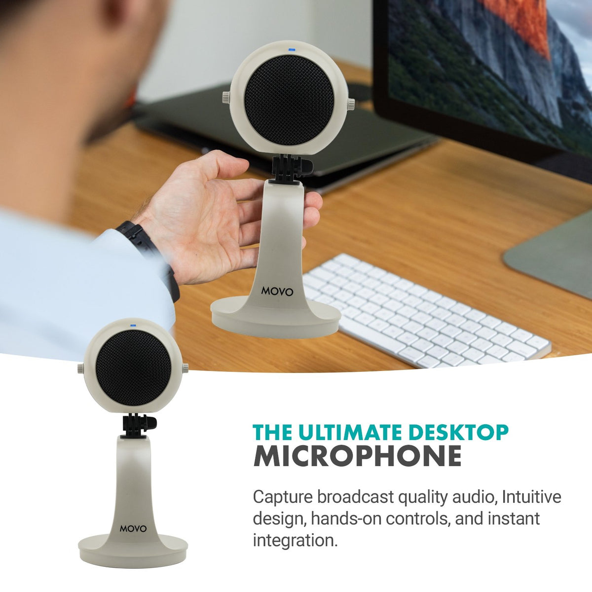 USB Microphone with Desktop Stand in White - Movo
