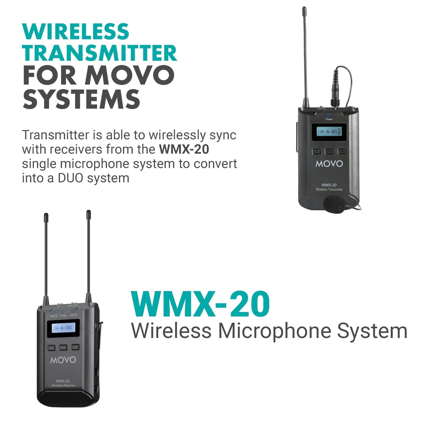 Movo WMX-20-DUO UHF Wireless Lavalier Microphone System - 2 Transmitters, XLR/3.5mm