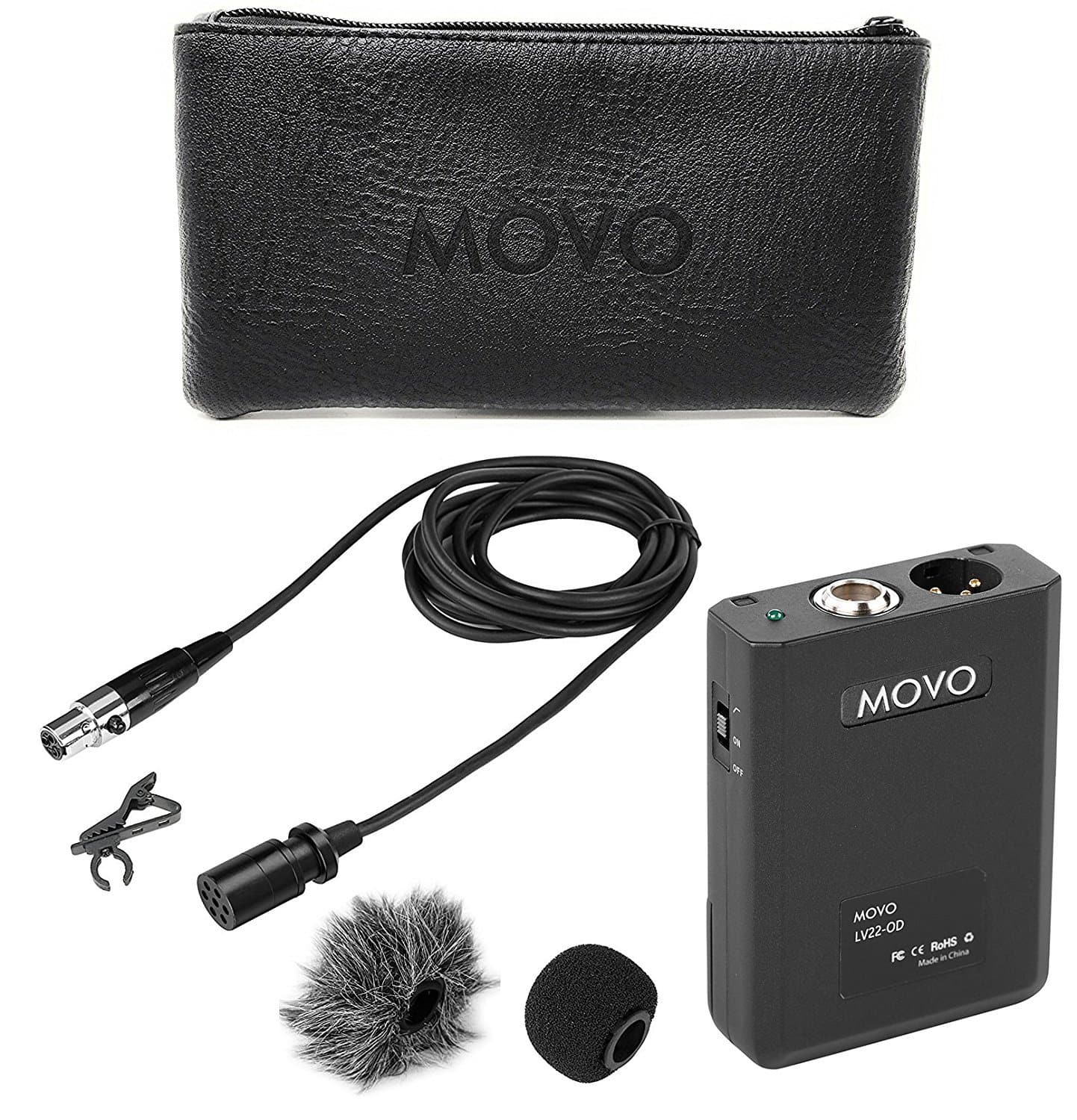 Movo Lv22od XLR Lavalier Omnidirectional Condenser Microphone with Phantom Power Supply Body Pack, 12mm Mic Capsule, Foam & Deadcat Windscreens