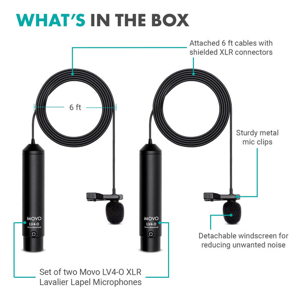 Movo LV4O2 XLR Dual Omni Lav Phantom Power Microphone Set